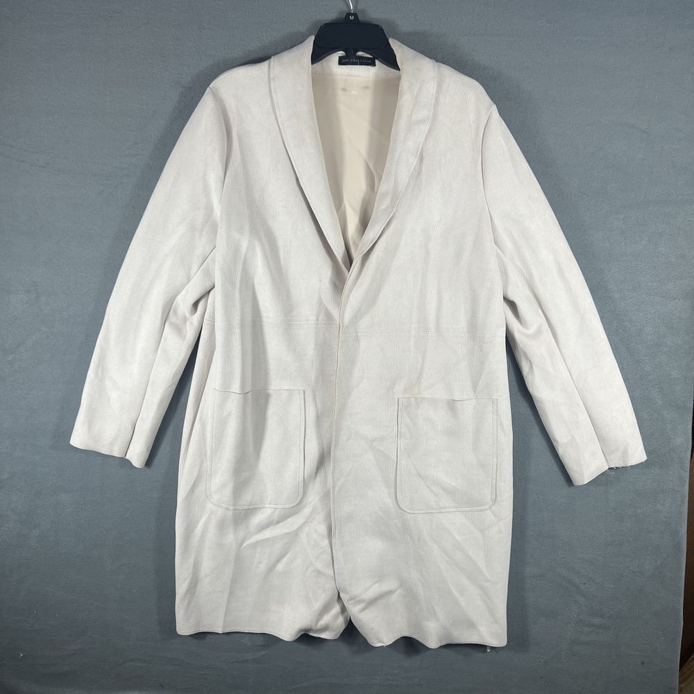 Joan Vass New York Women's Cream Faux Leather Open Front Long Jacket Coat Size M